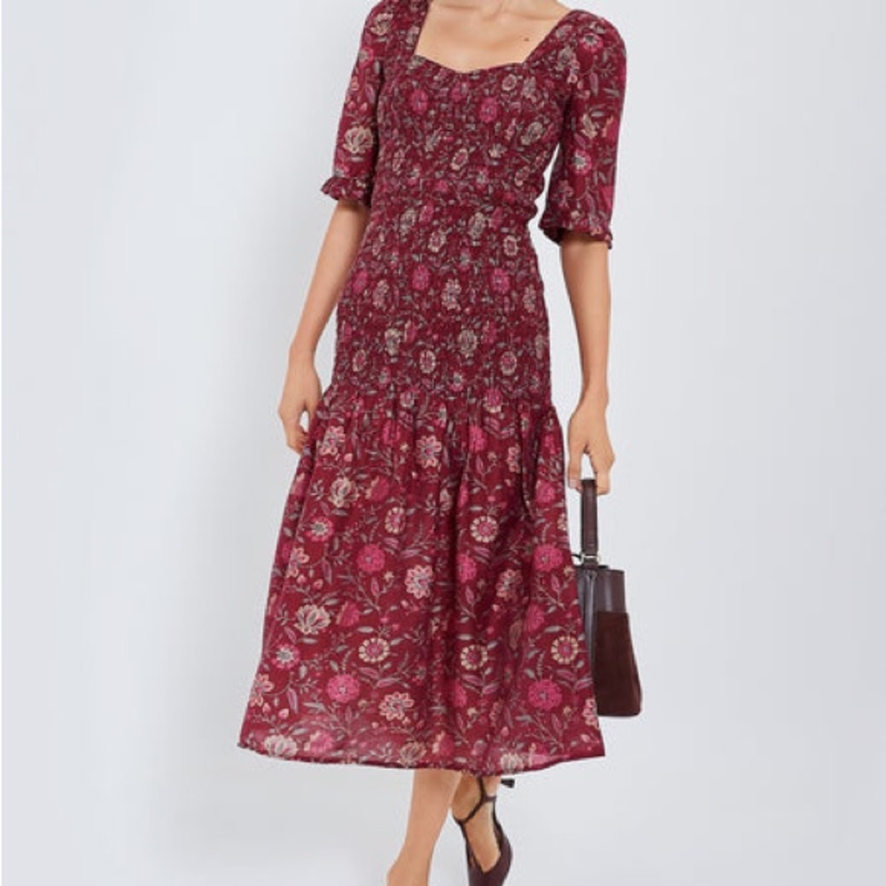 SEA Famke Smocked‎ Heart Neck Midi Dress In Magenta Sz 10